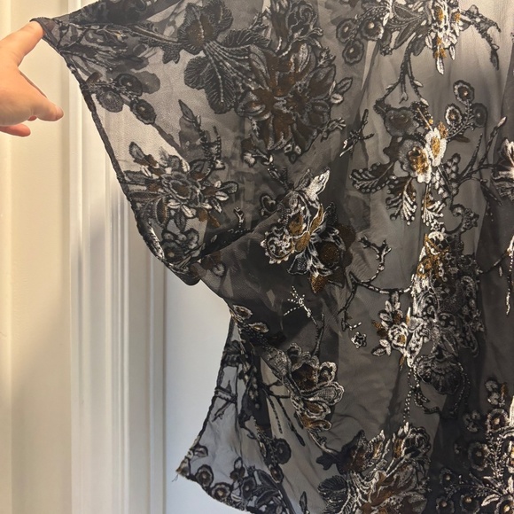 Janice Black Velvet Burnout Floral Pattern on Chiffon Open Kimono Duster - Picture 6 of 7